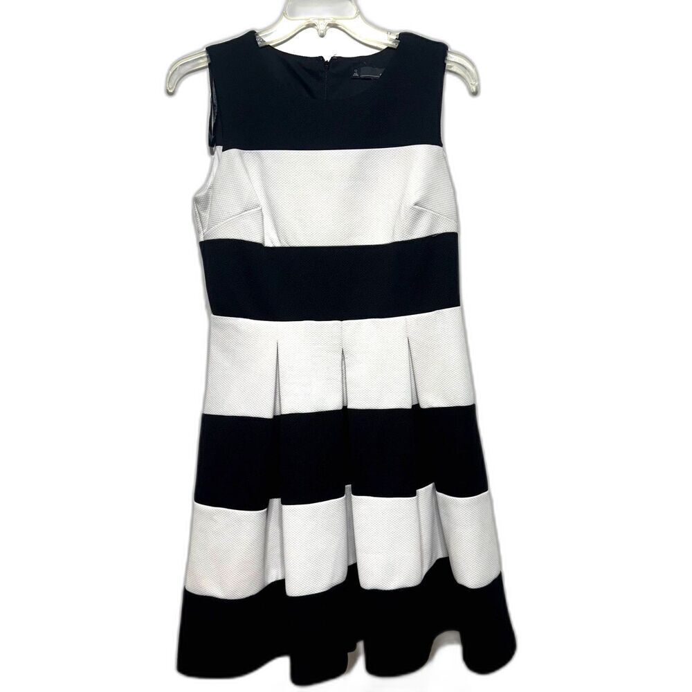 Chetta B Dress Fit & Flare Black White Stripe Pleated Career Work Womens size 12
